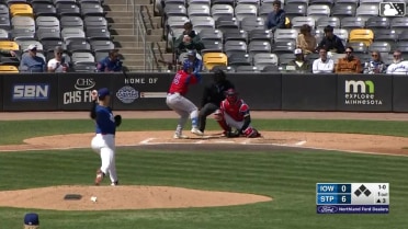 Brett Bateman homers (1) on a fly ball to center field.