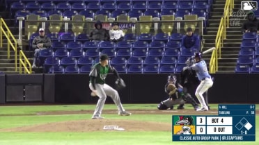 Luke Hill doubles (1) on a sharp line drive to center fielder Charles Davalan. Ryan Cesarini scores.