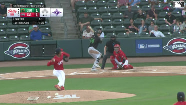 Wyatt Sanford homers (1) on a fly ball to center field.