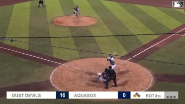 Luke Stevenson out on a sacrifice fly to center fielder Anthony Scull. Josh Caron scores.