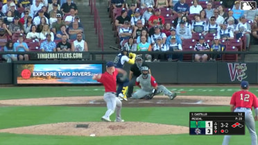 Luis Castillo out on a sacrifice fly to right fielder Jacob McCombs. Luis Peña scores. Eric Bitonti to 3rd.