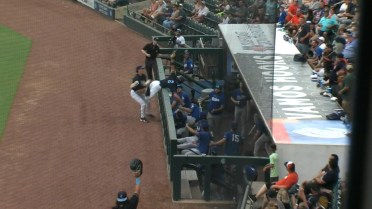 Stubbs makes catch over dugout railing