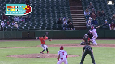 Luis Caicuto out on a sacrifice fly to center fielder Vance Honeycutt. Nick Biddison scores.