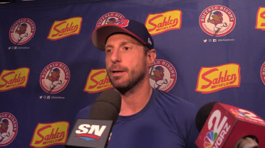 Max Scherzer talks to the media after his start