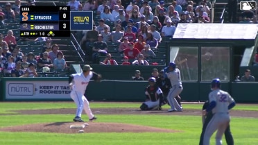 Andy Ibáñez doubles (1) on a ground ball to right fielder Joey Wiemer. Eric Wagaman scores.