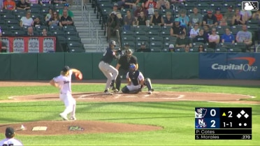 Coby Morales doubles (15) on a sharp fly ball to center fielder Hedbert Perez. Nicholas Torres scores.