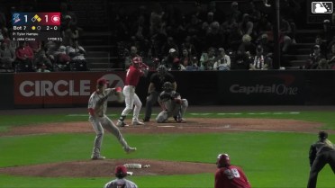 Jake Casey doubles (9) on a line drive to center fielder Roldy Brito. Dameury Pena scores. JoJo Parker to 3rd.