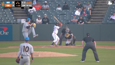 Aron Estrada singles on a sharp ground ball to center fielder Jaison Chourio. Tavian Josenberger scores. Carter Young to 3rd. Aron Estrada to 2nd.