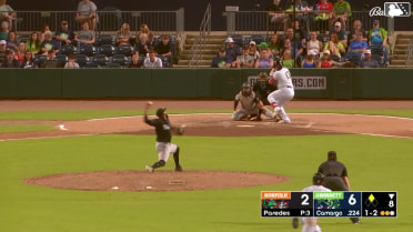 Jair Camargo doubles (6) on a sharp line drive to center fielder Jud Fabian. José Azócar scores.