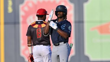 Felnin Celesten doubles (20) on a fly ball to center fielder Roldy Brito. Jonny Farmelo scores.