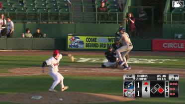 Austin Charles doubles (9) on a sharp ground ball to left fielder Myles Naylor, deflected by third baseman Gunner Gouldsmith. Luke Pelzer scores.
