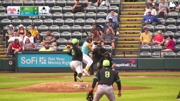 Duce Gourson doubles (14) on a line drive to right fielder Jean Carlos Sio. Keiner Delgado scores.