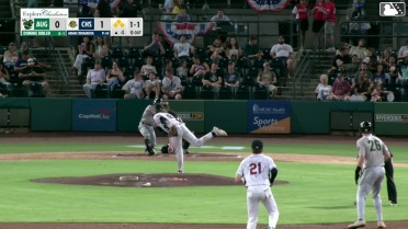 Dominic Kibler out on a sacrifice fly to center fielder Slater de Brun. Caleb Klein scores.