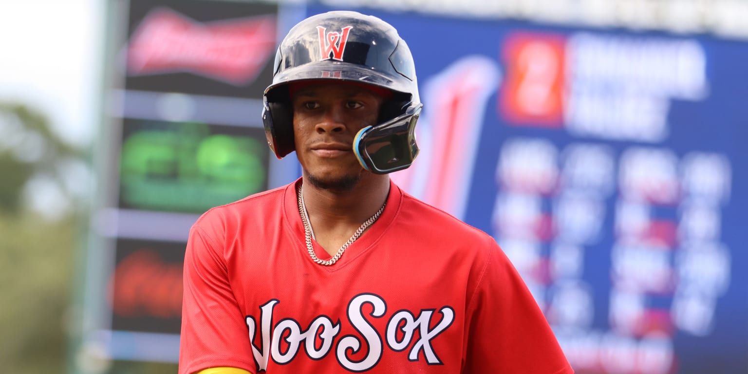 Ceddanne Rafaela of the Boston Red Sox reacts after hitting a