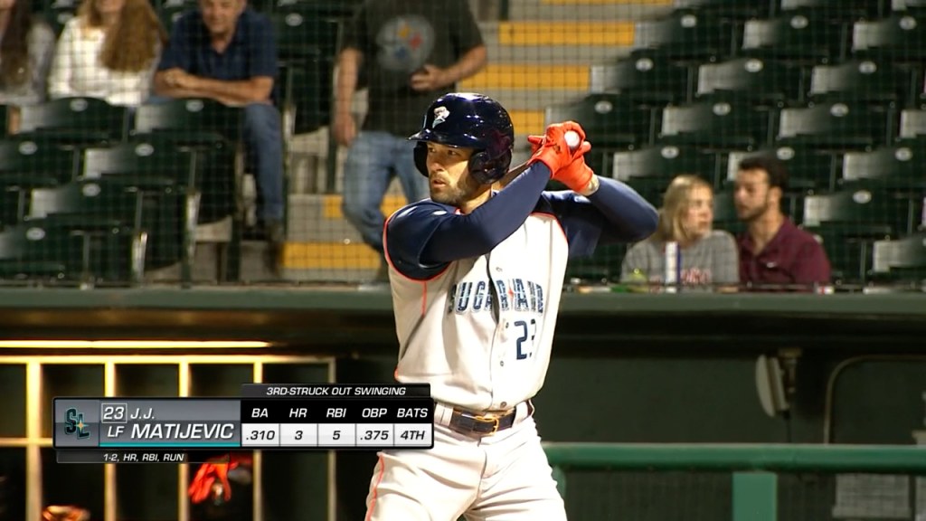 J.J Matijevic (23) of the Sugar Land Space Cowboys at bat against