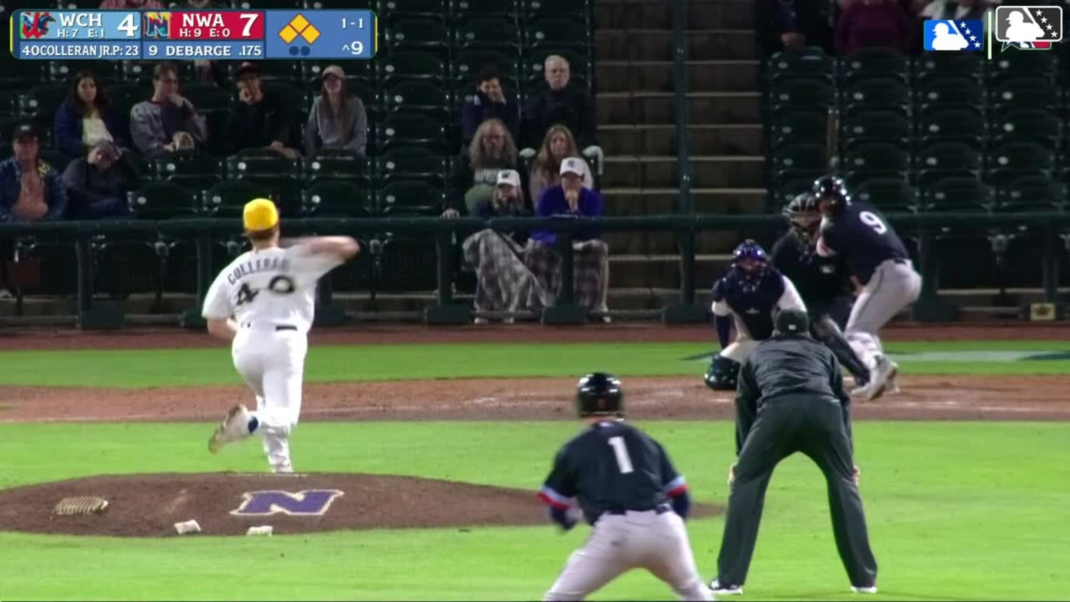 Kyle DeBarge singles on a line drive to right fielder Sam Kulasingam ...