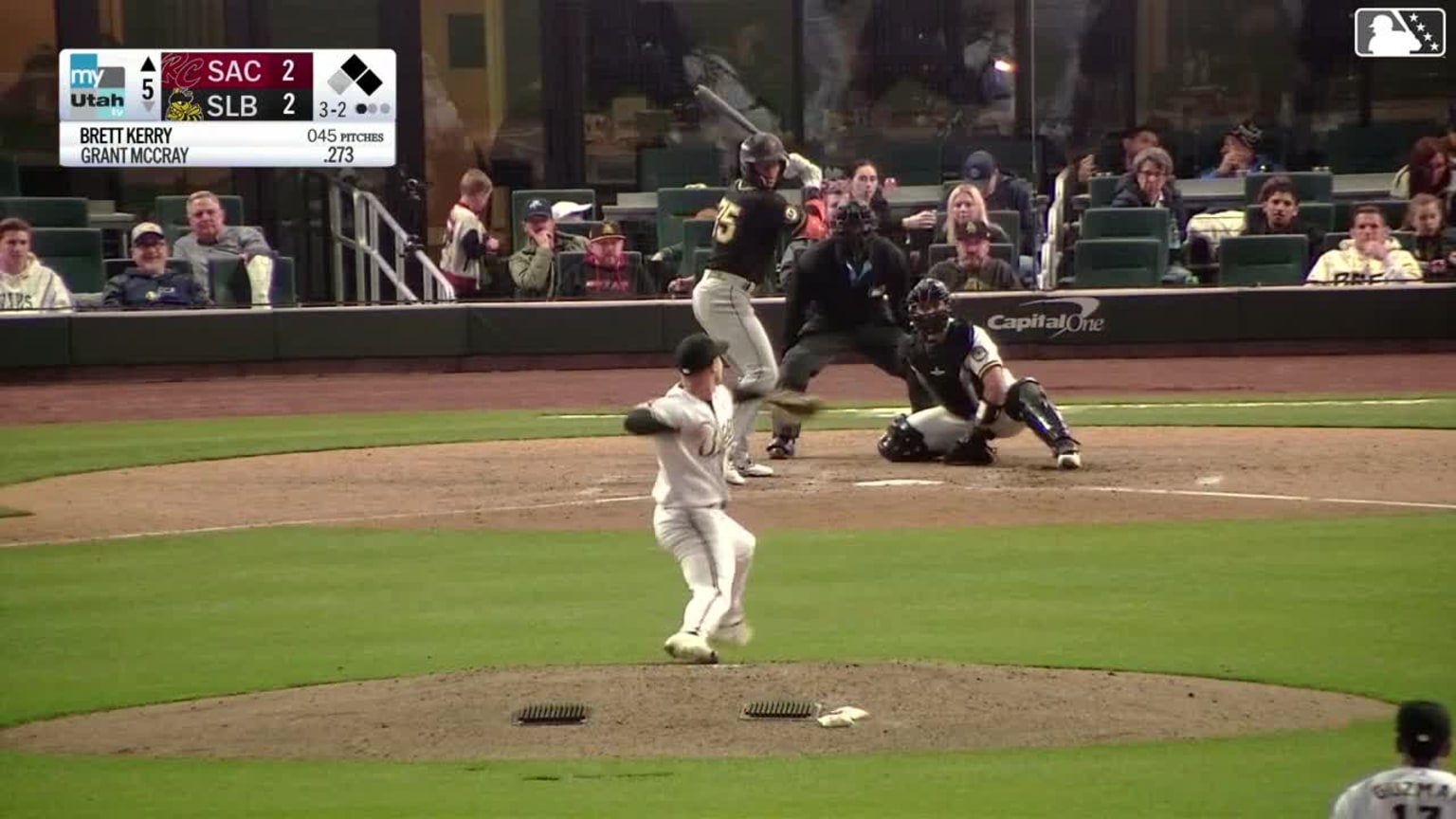 Grant McCray singles on a sharp line drive to left fielder Matthew Lugo ...