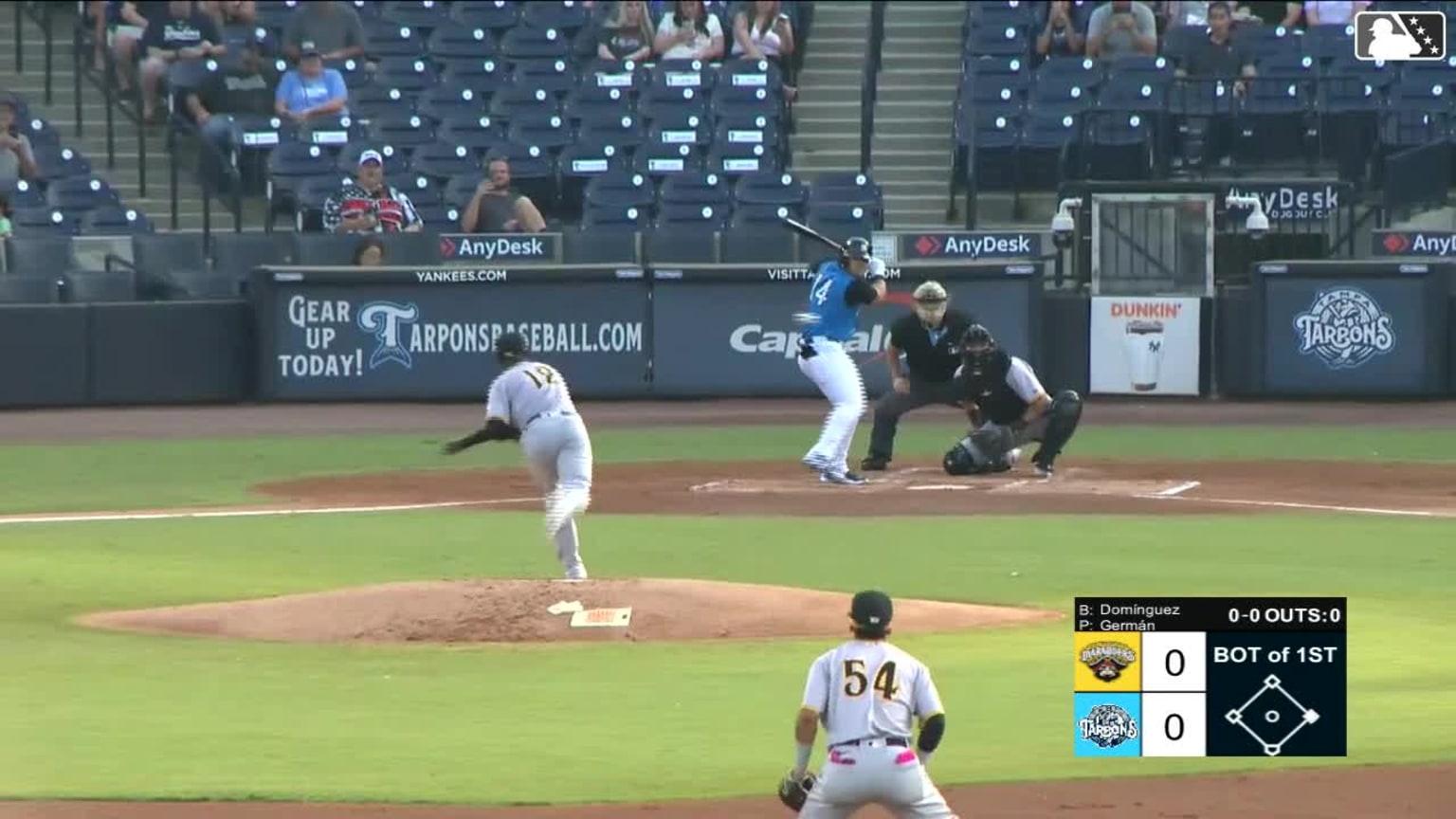 Jasson Domínguez gets a base hit in his first atbat 05/14/2024 Tarpons