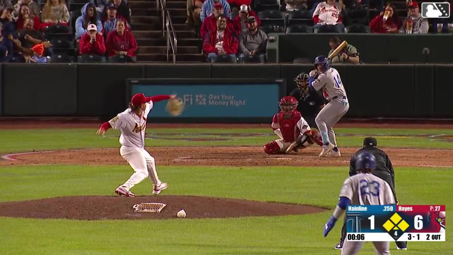 Elijah Hainline singles on a line drive to center fielder Chase Davis ...