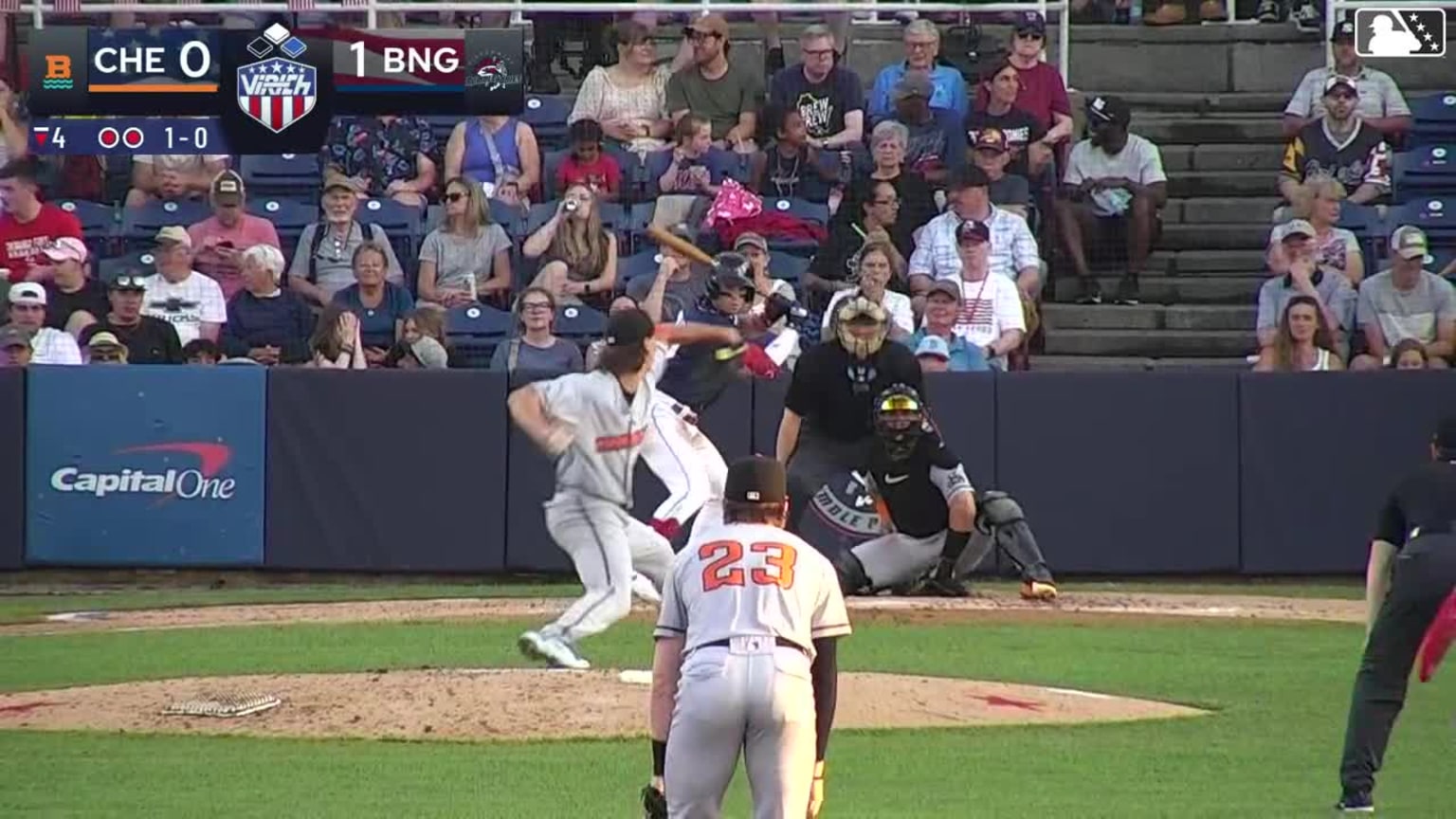 Nick Lucky singles on a sharp line drive to center fielder Douglas