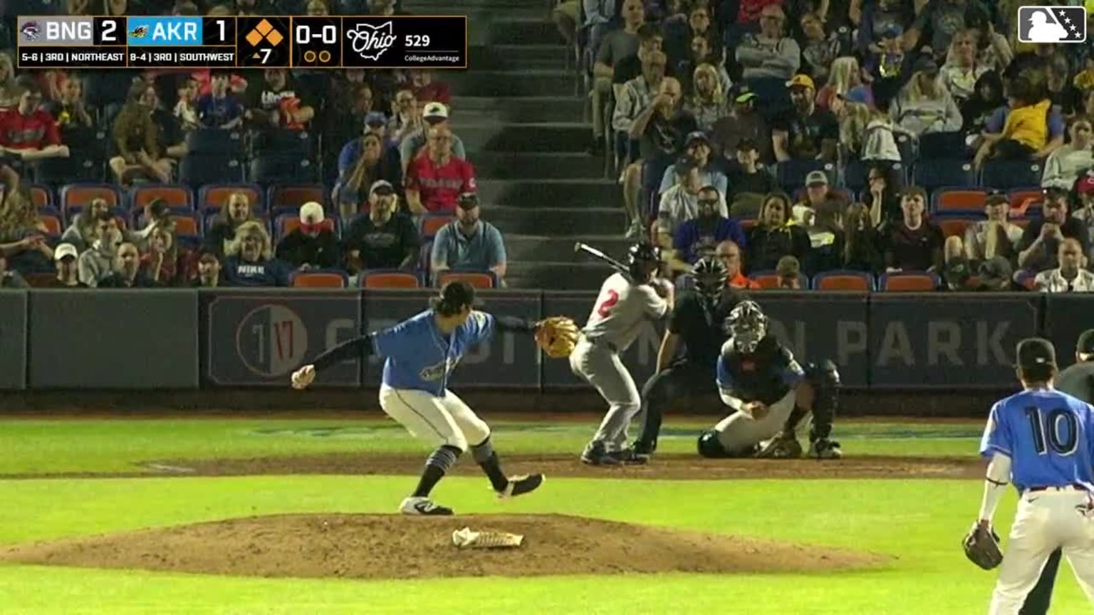 Wyatt Young singles on a line drive to left fielder Wuilfredo Antunez ...