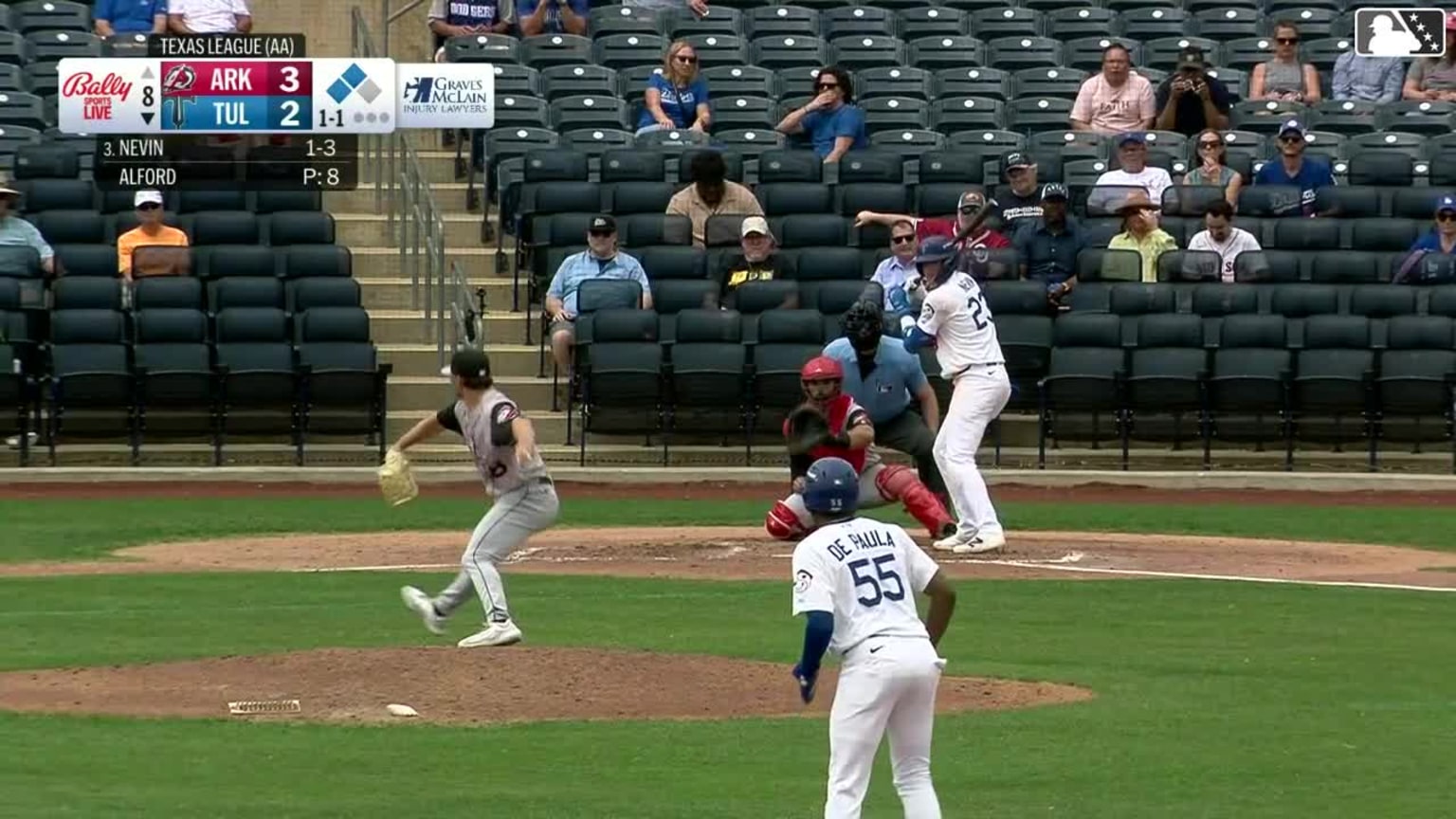 Kyle Nevin out on a sacrifice fly to right fielder Lazaro Montes. Chris ...