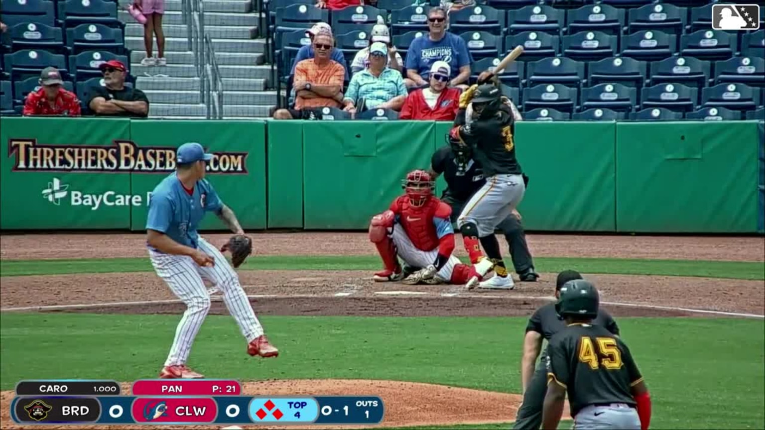 Carlos Caro singles on a line drive to center fielder Nathan Humphreys ...