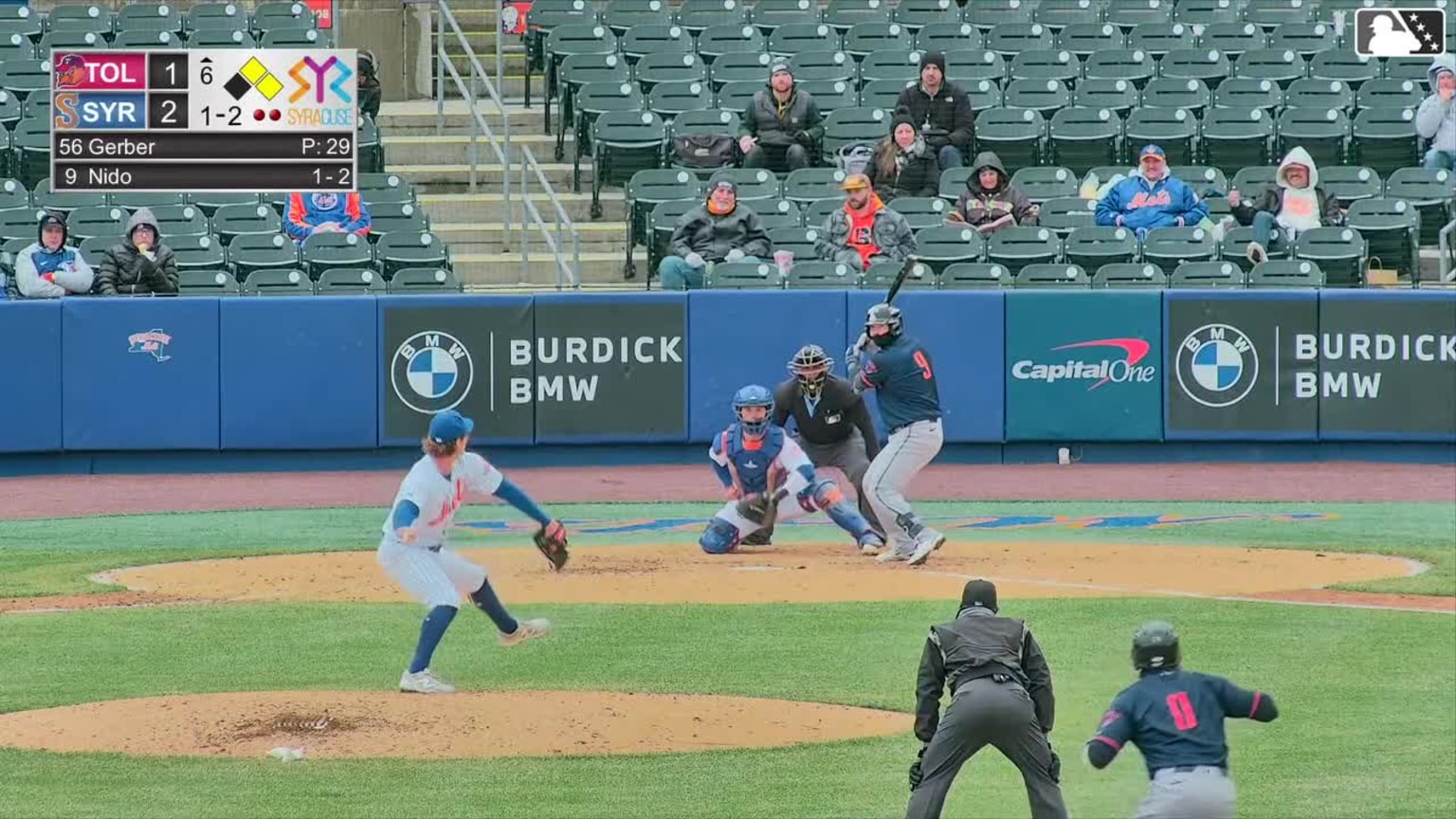 Tomás Nido singles on a sharp line drive to right fielder Ryan Clifford ...