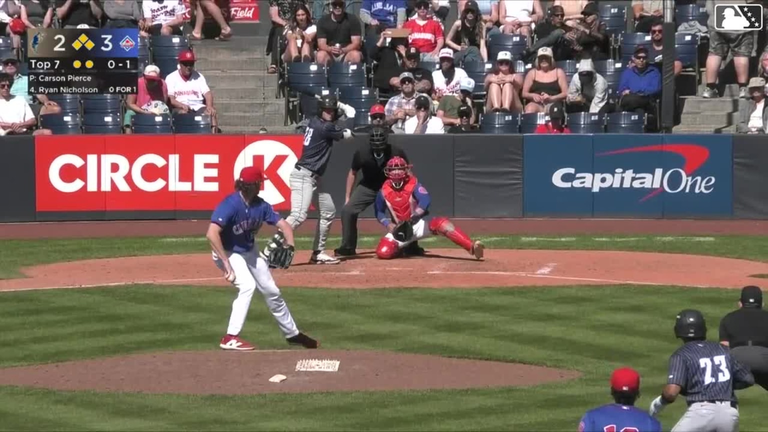 Ryan Nicholson singles on a line drive to right fielder Carter ...