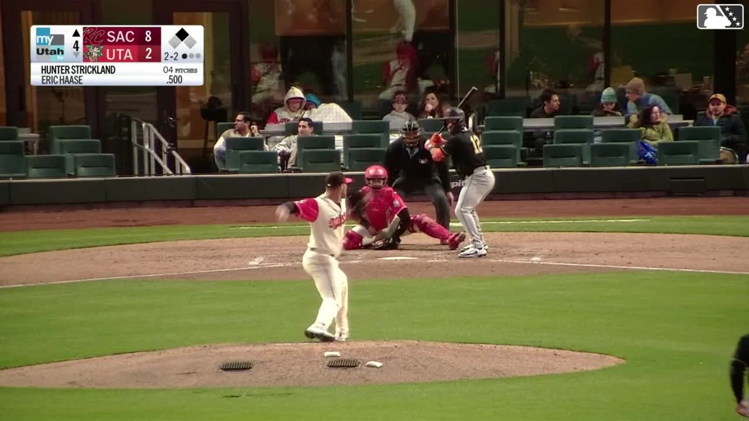 Eric Haase singles on a line drive to left fielder Donovan Walton ...