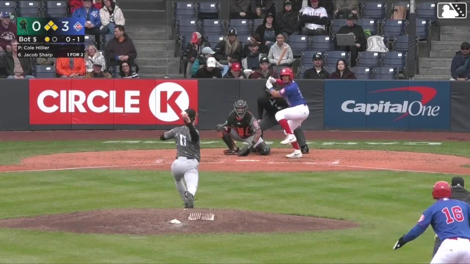 Jacob Sharp out on a sacrifice fly to center fielder Dakota Jordan ...
