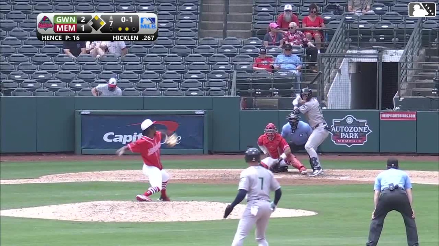 Brewer Hicklen singles on a line drive to left fielder Mike Antico ...