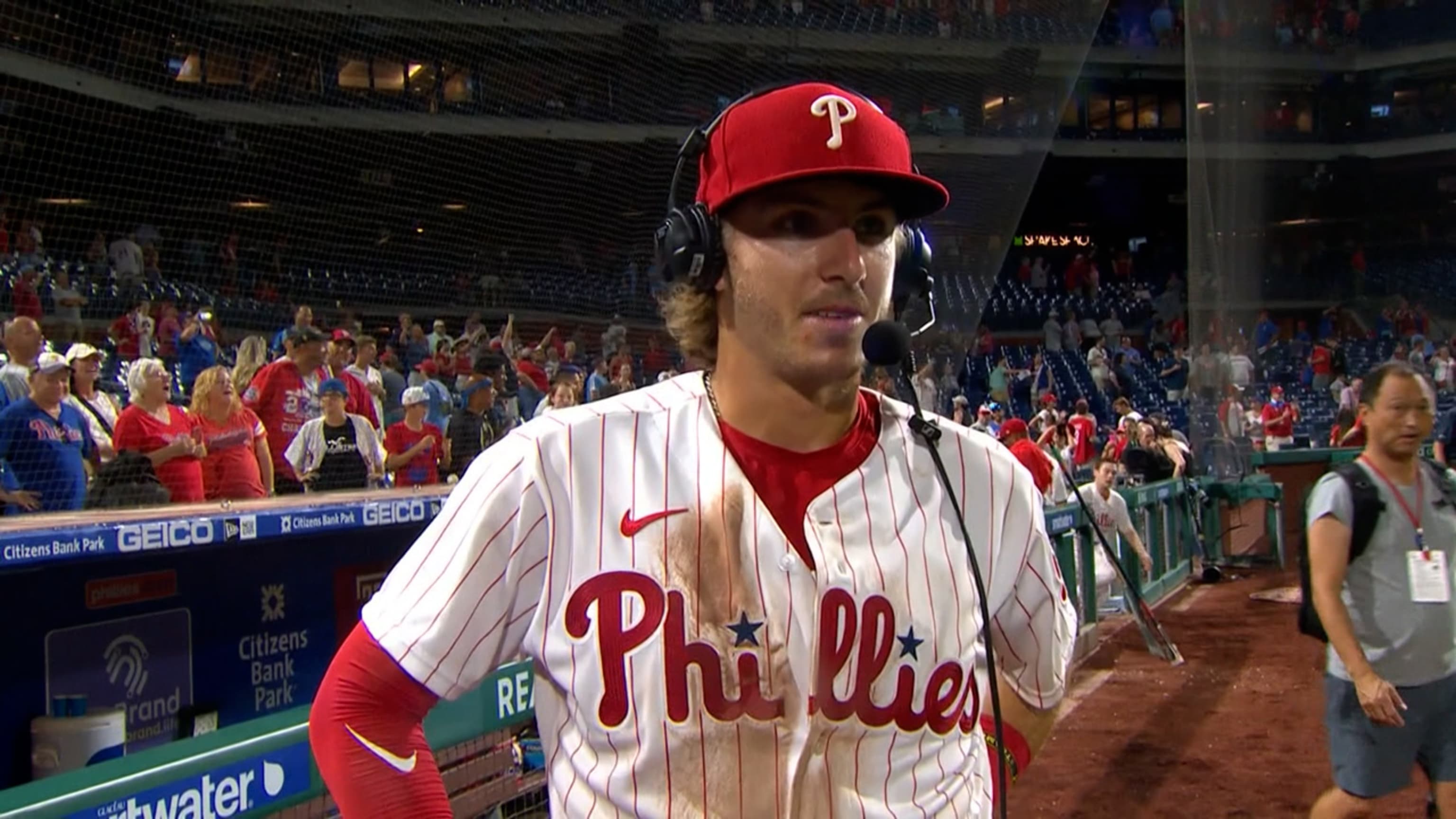 Bryson Stott of the Philadelphia Phillies hits a single during the