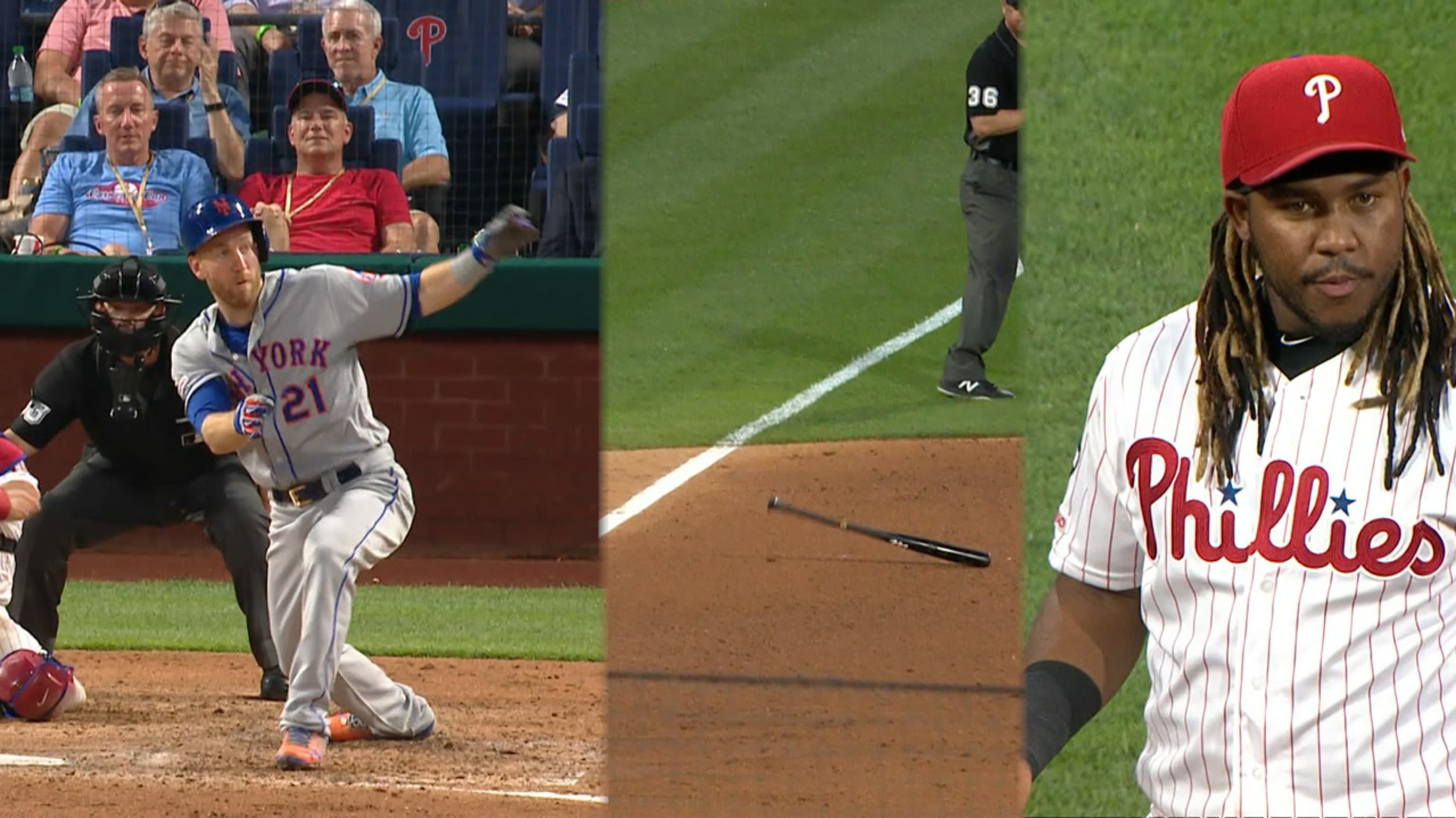 Todd Frazier loses bat, Maikel Franco reacts