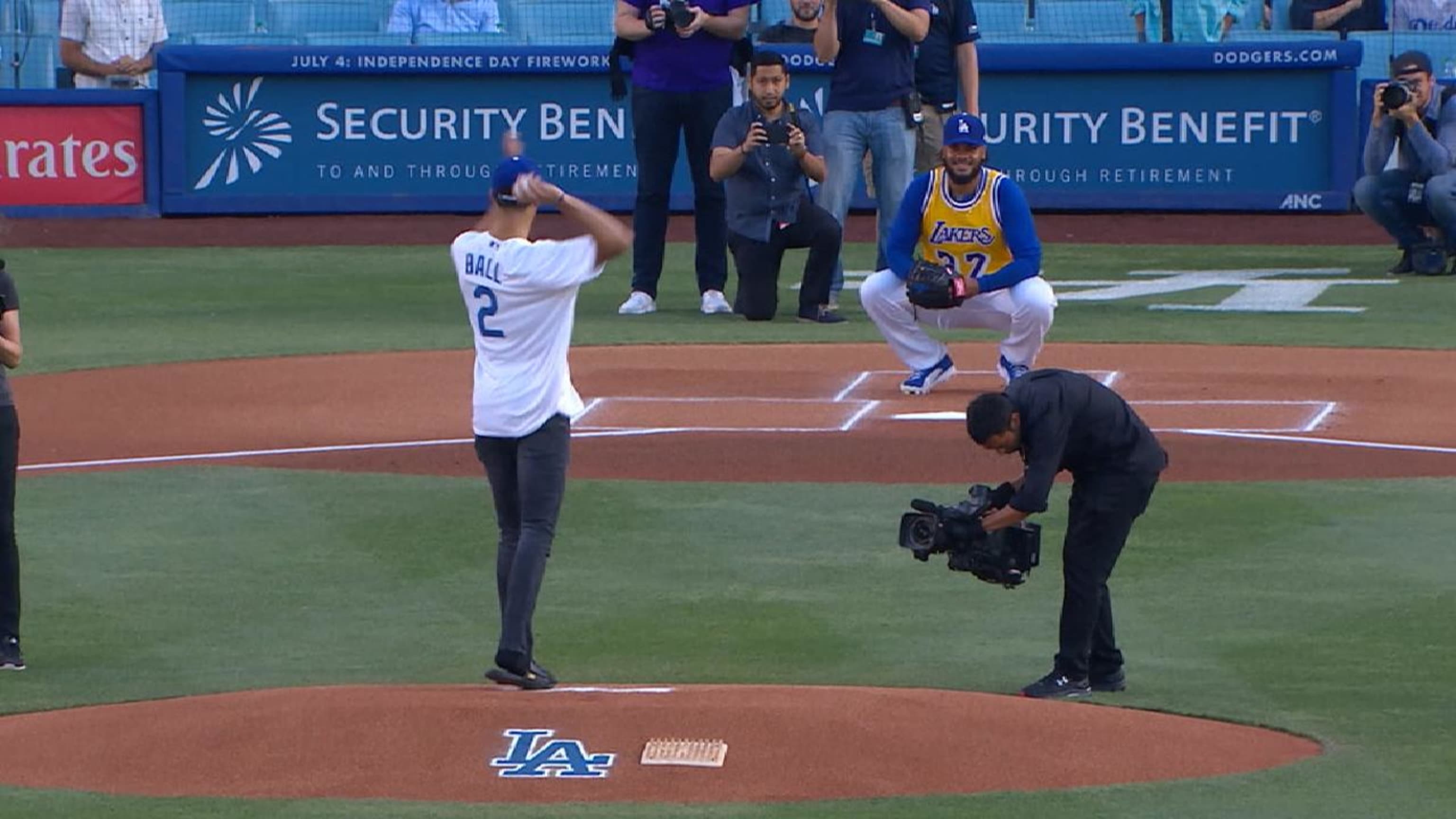 Lonzo Ball and Kenley Jansen swapped jerseys for the newest Laker's  ceremonial first pitch