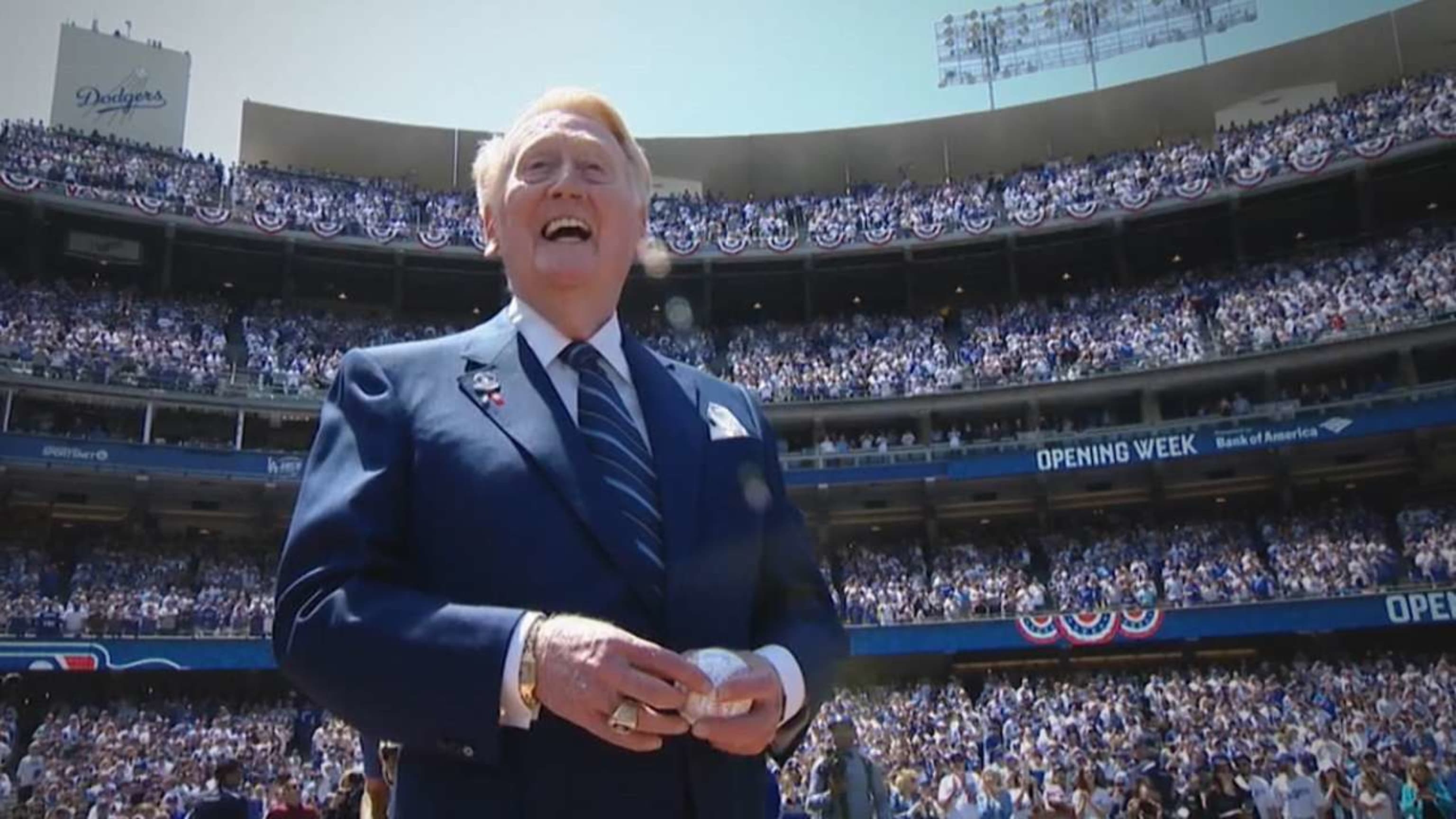 Dodgers players honor the late Vin Scully by wearing a Vin with microp