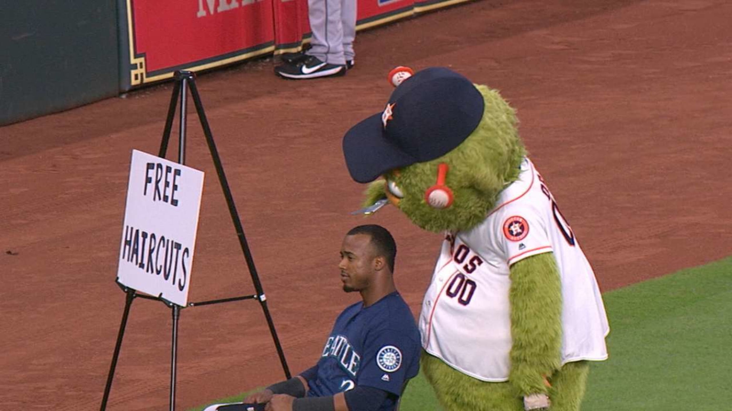 Orbit had a 'Free Haircuts' sign on the field, and the Mariners