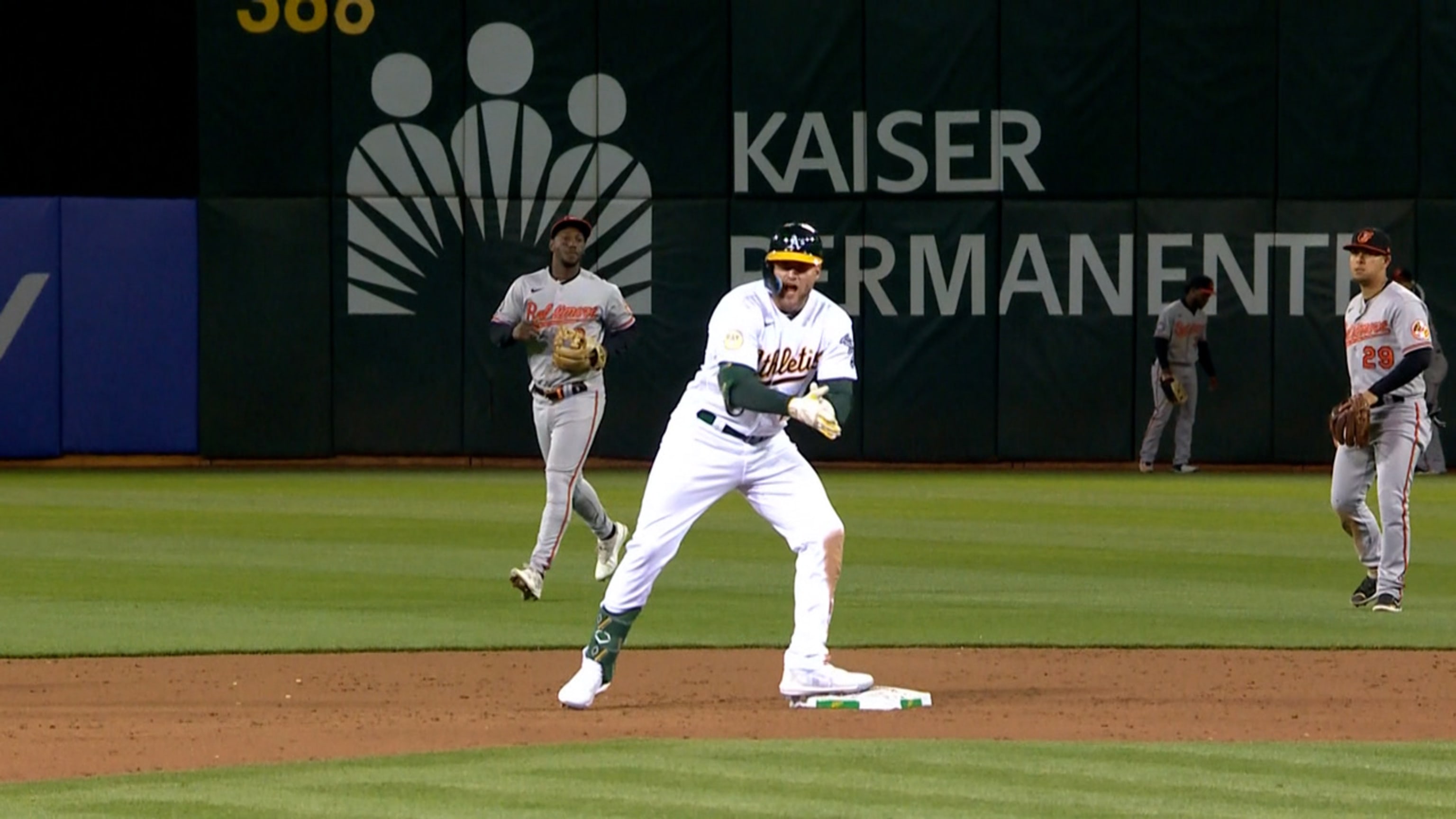 Cristian Pache of the Oakland Athletics catches a fly ball off the