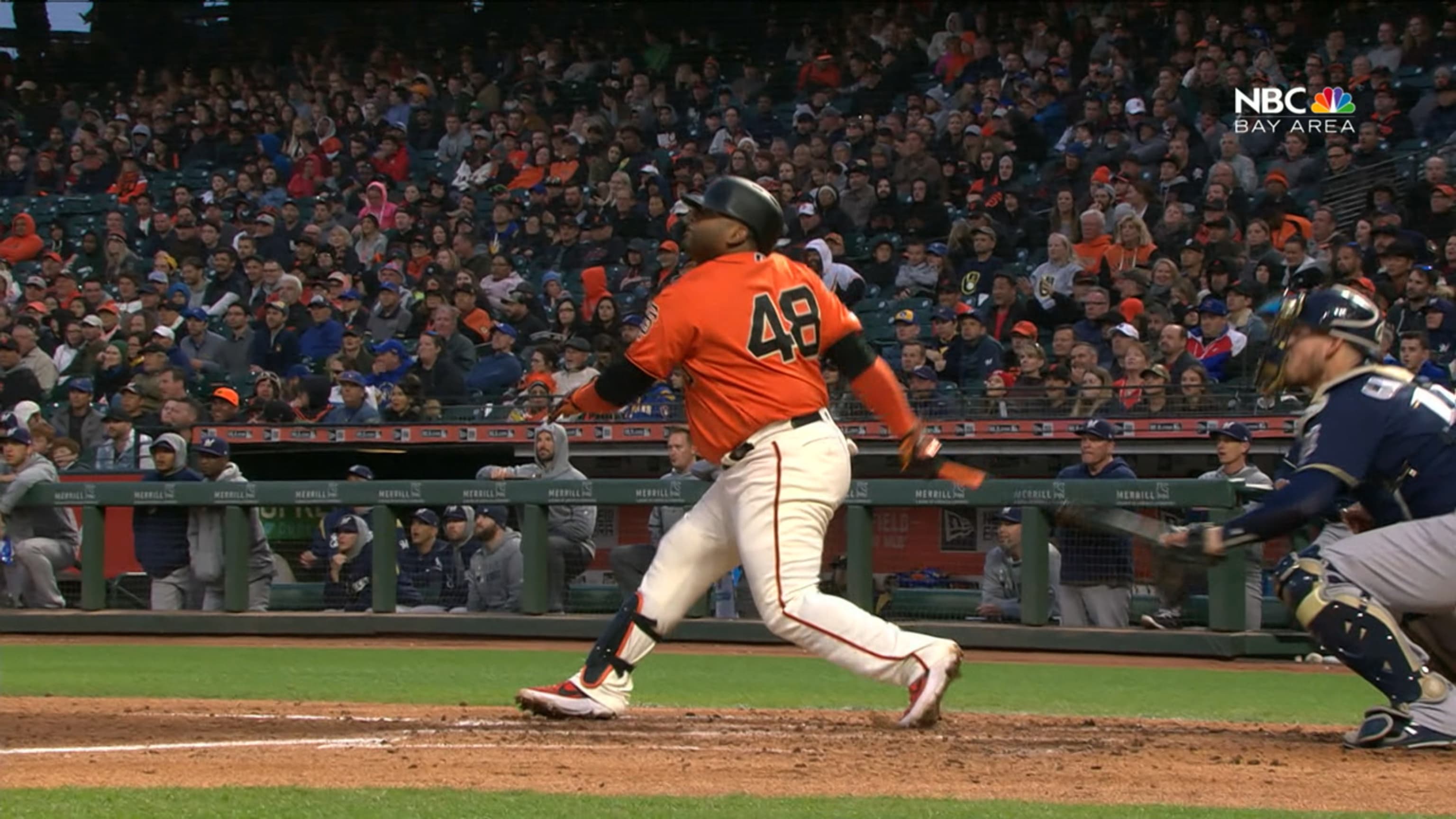 June 14, 2019: San Francisco Giants first baseman Pablo Sandoval (48) heads  to first base, during a MLB game between the Milwaukee Brewers and the San  Francisco Giants at Oracle Park in