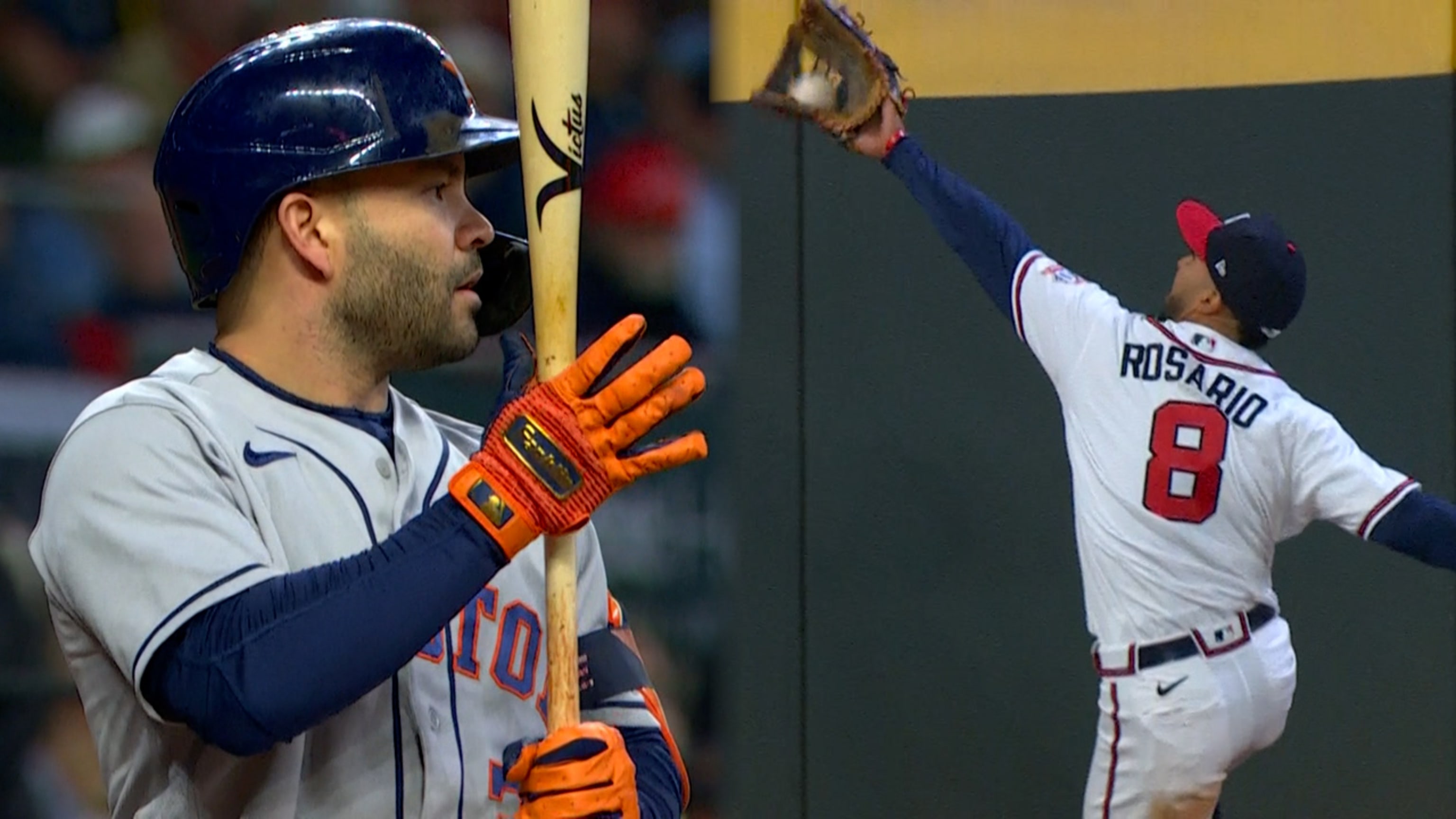 Atlanta, USA. 29th Oct, 2021. Atlanta Braves Eddie Rosario is congratulated  by Austin Riley after scoring in the 3rd inning in game three against the  Houston Astros of the MLB World Series