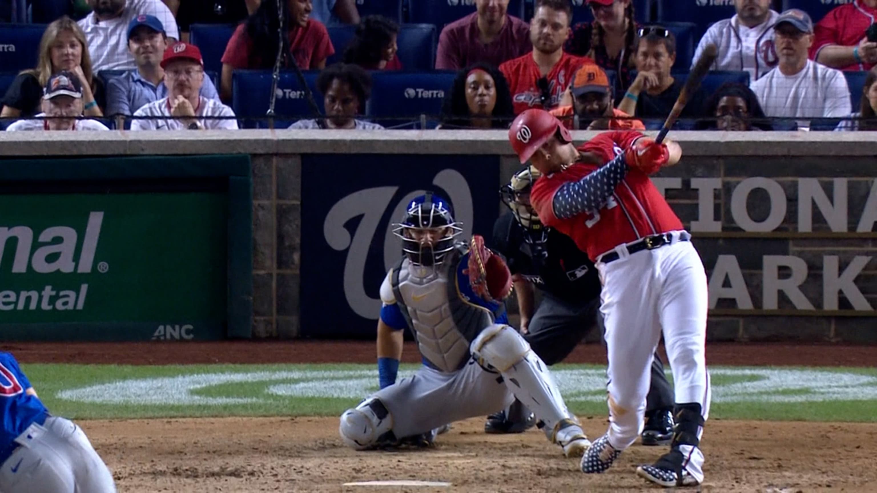 ANAHEIM, CA - APRIL 12: Washington Nationals shortstop CJ Abrams (5) swings  at a pitch during the MLB game between the Washington Nationals and the Los  Angeles Angels of Anaheim on April