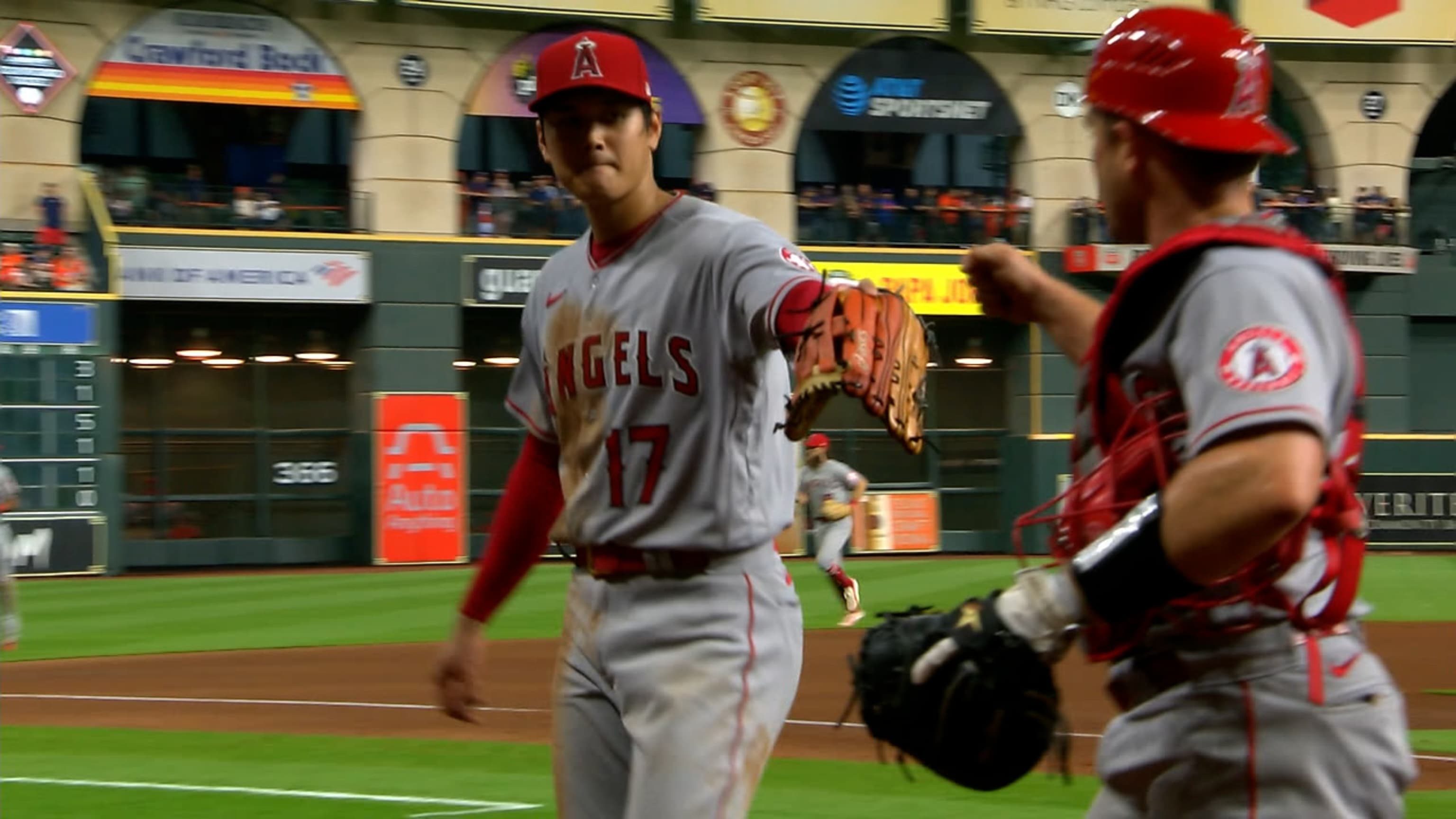 Los Angeles Angels pinch hitter Shohei Ohtani wears a jersey with his  nickname SHOWTIME on the back as he bats in the eighth inning during the  Major League Baseball game against the