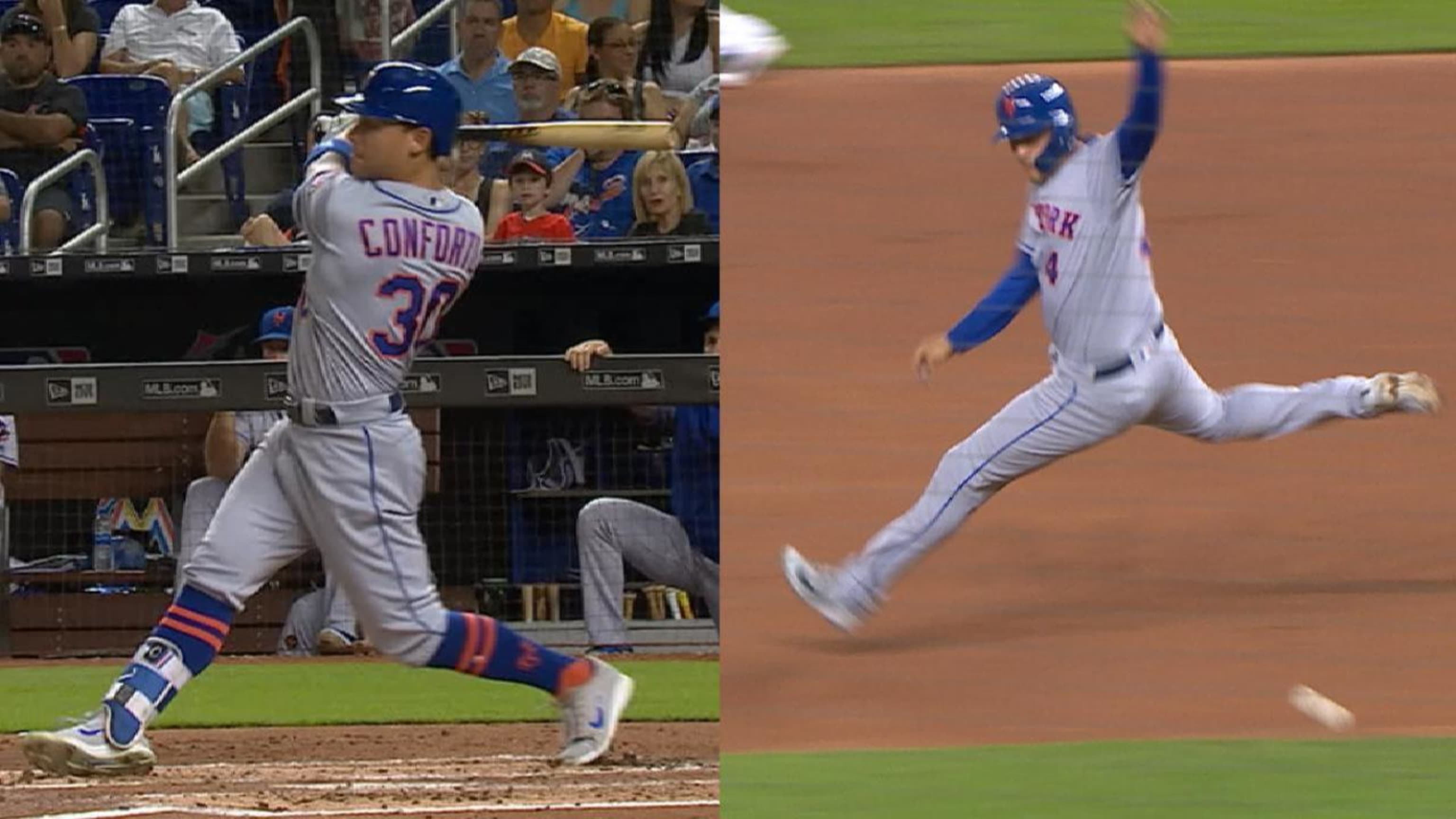 Wilmer Flores nearly did the splits to avoid getting hit by this Michael  Conforto single