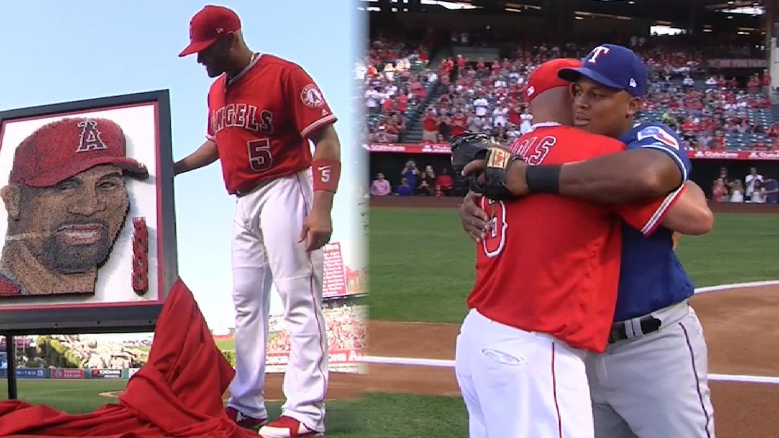 To celebrate reaching 3,000 hits, Albert Pujols threw out a first pitch to Adrian  Beltre