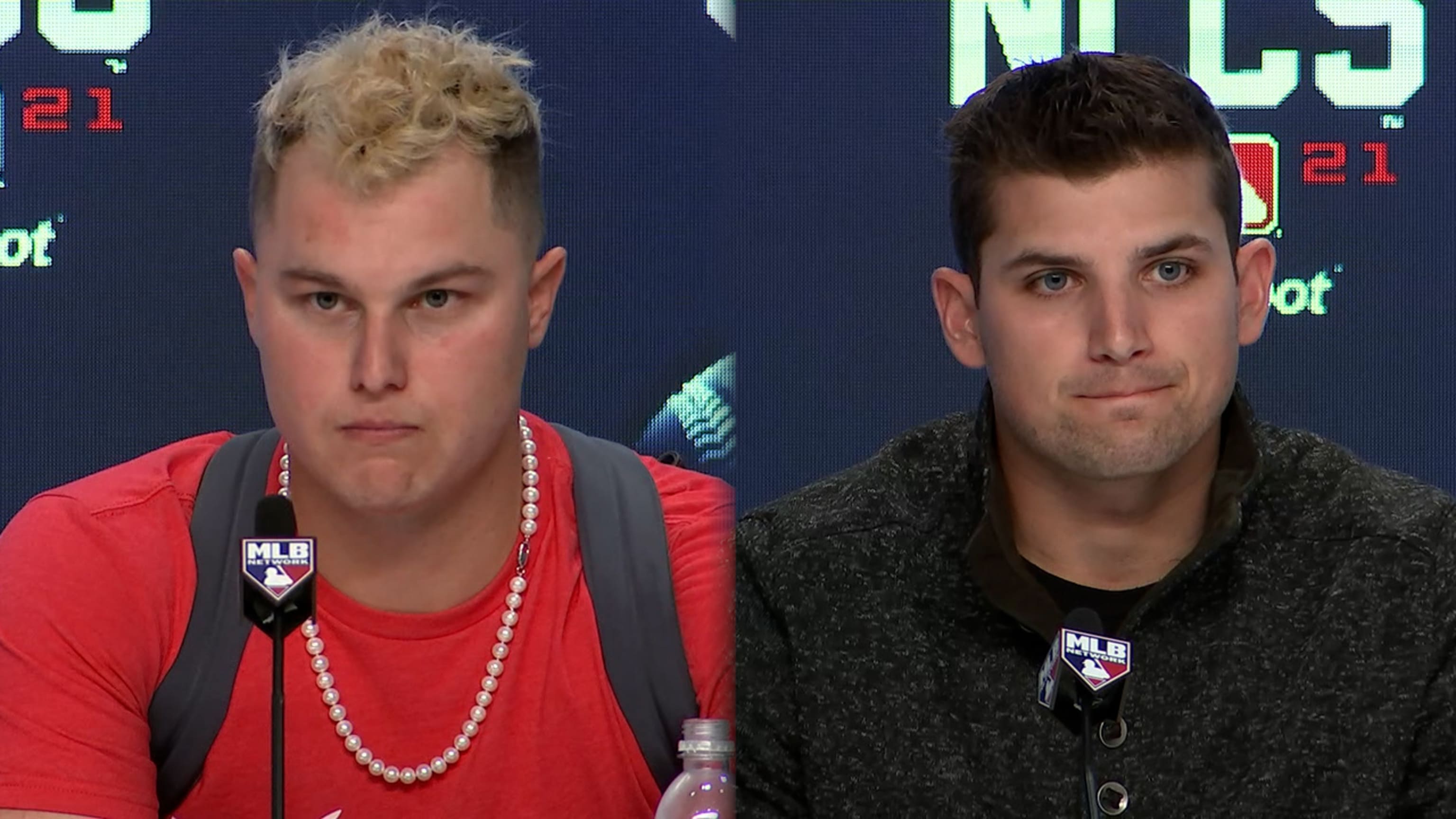 The bleach blonde mohawk of Joc Pederson of the Atlanta Braves is