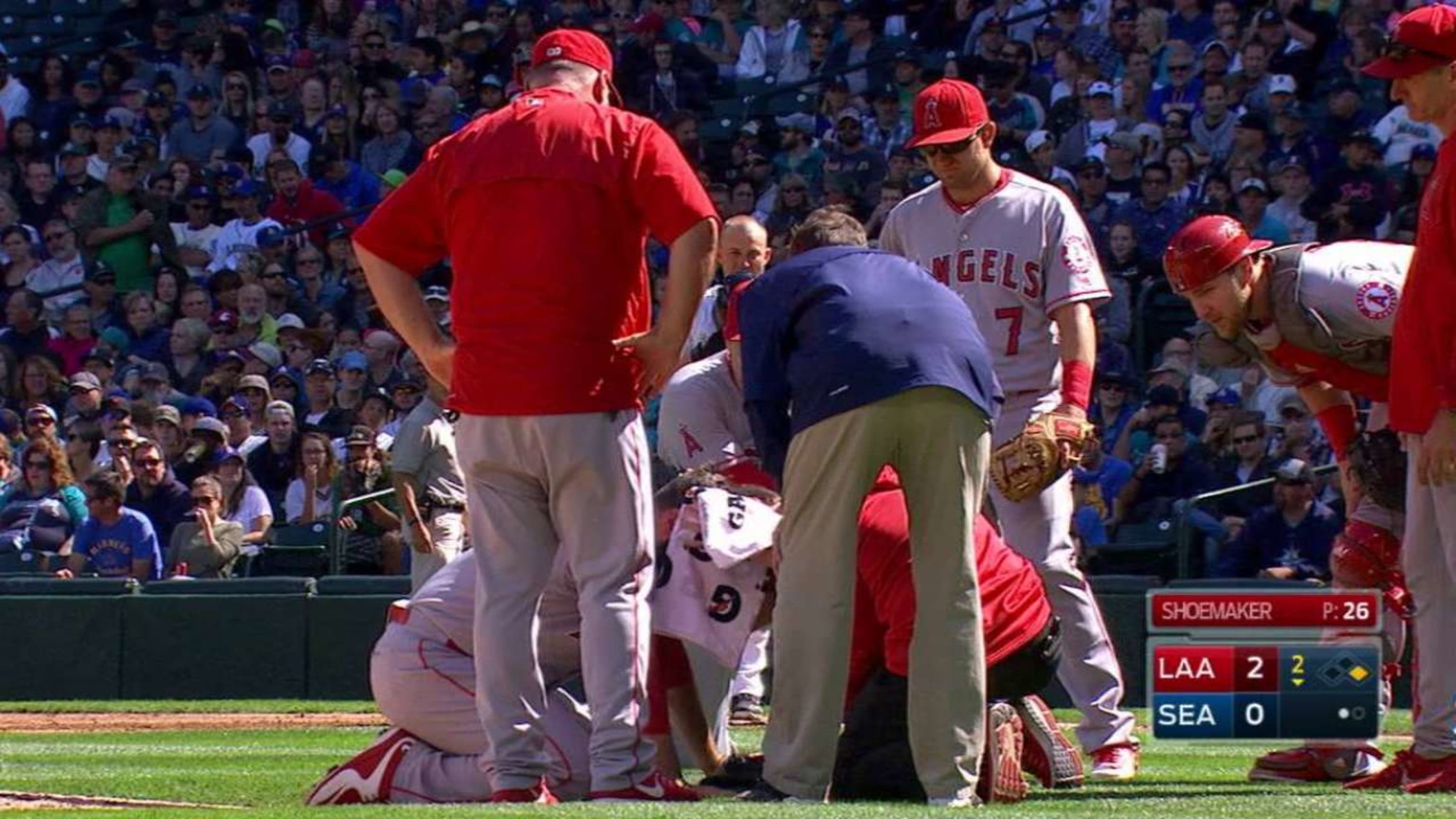 Shoemaker hit on head with liner