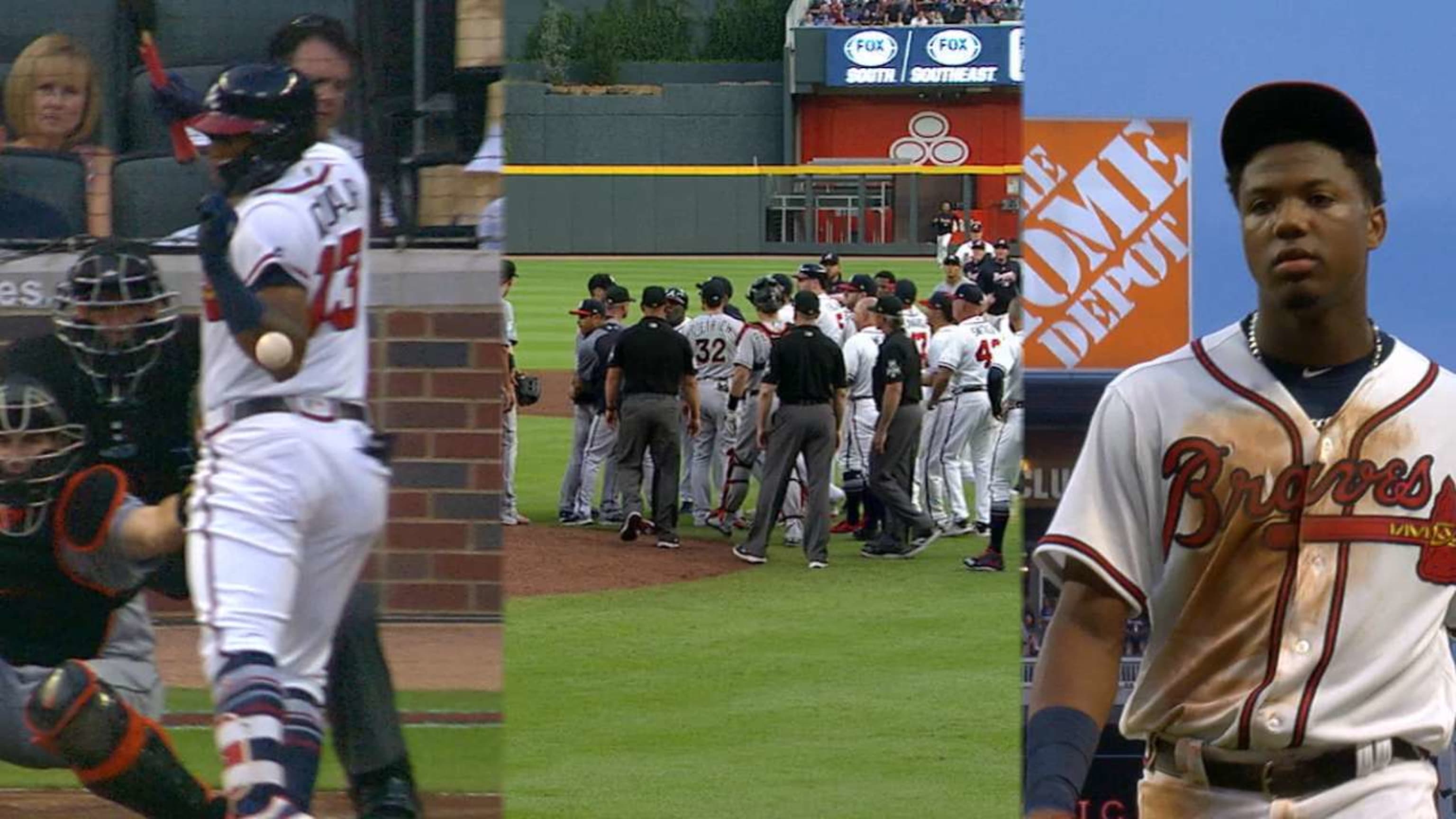 Ronald Acuña Jr. upset about getting hit by pitch after catcher visit