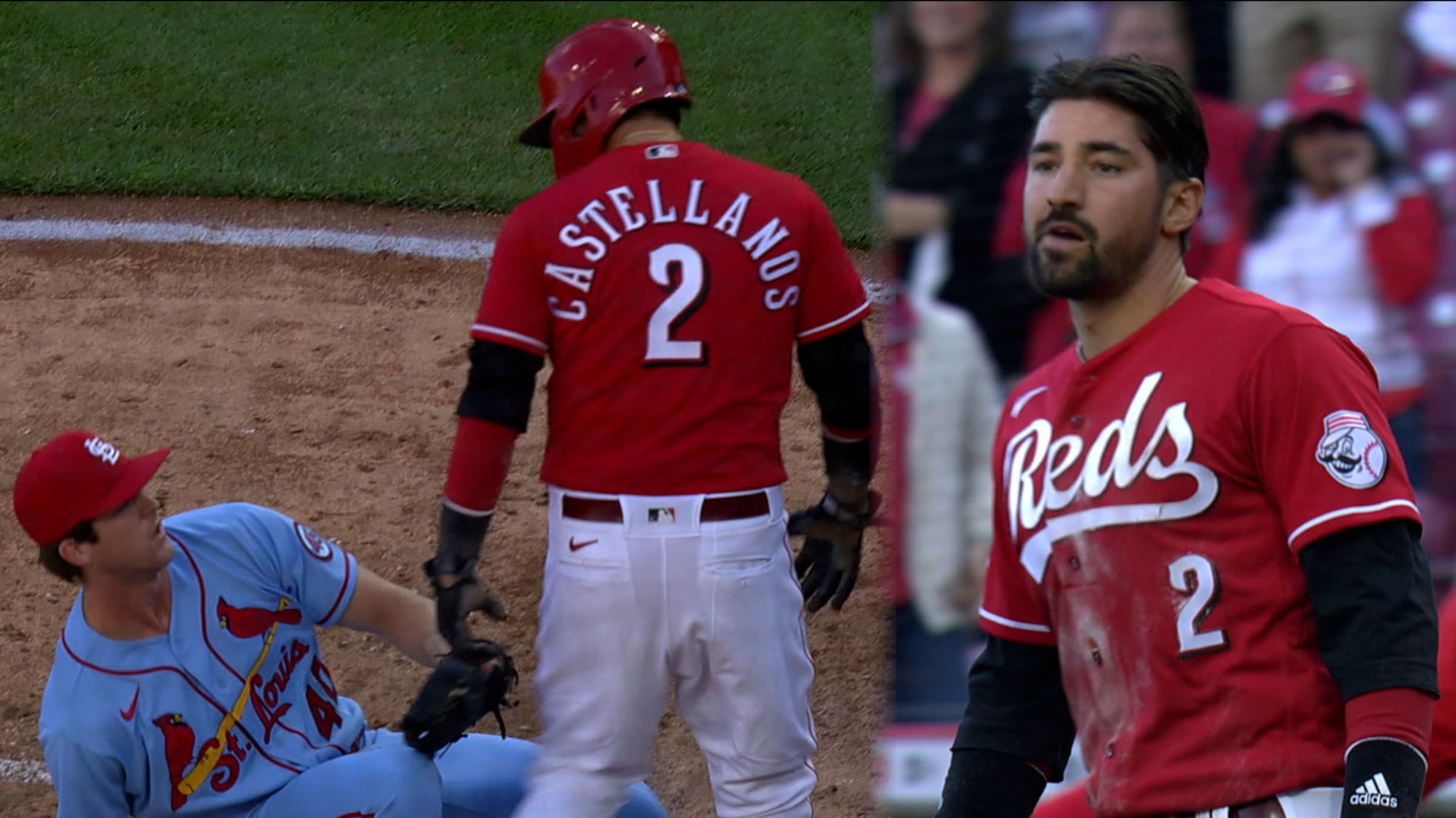 Los Angeles, United States. 28th Apr, 2021. Cincinnati Reds' Jesse Winker  (33) and Nick Castellanos (2) celebrate after scoring on Joey Votto's  two-out, two-run double off Los Angeles Dodgers' relief pitcher Scott