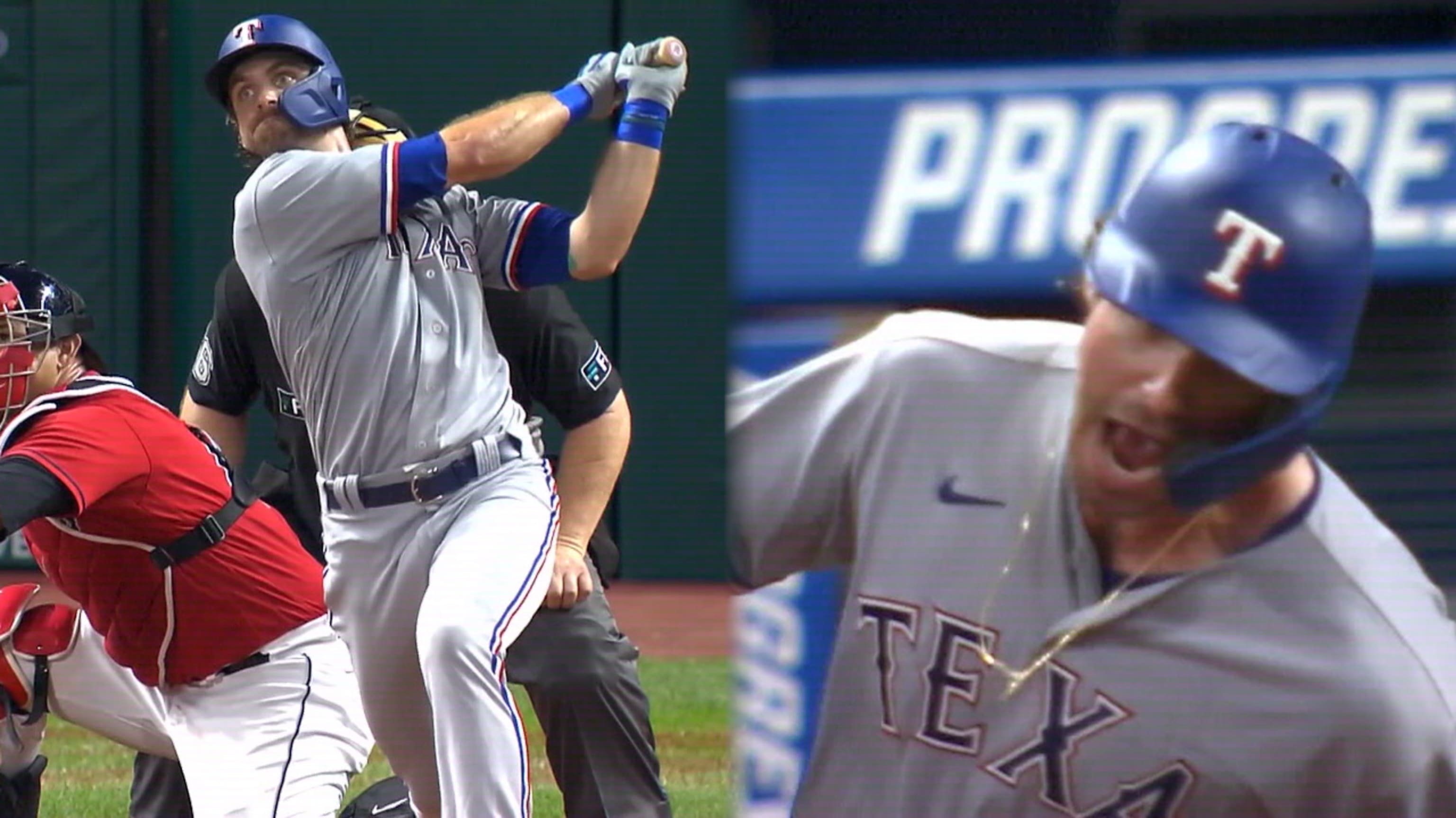 Texas Rangers designated hitter DJ Peters (38) reacts after flying