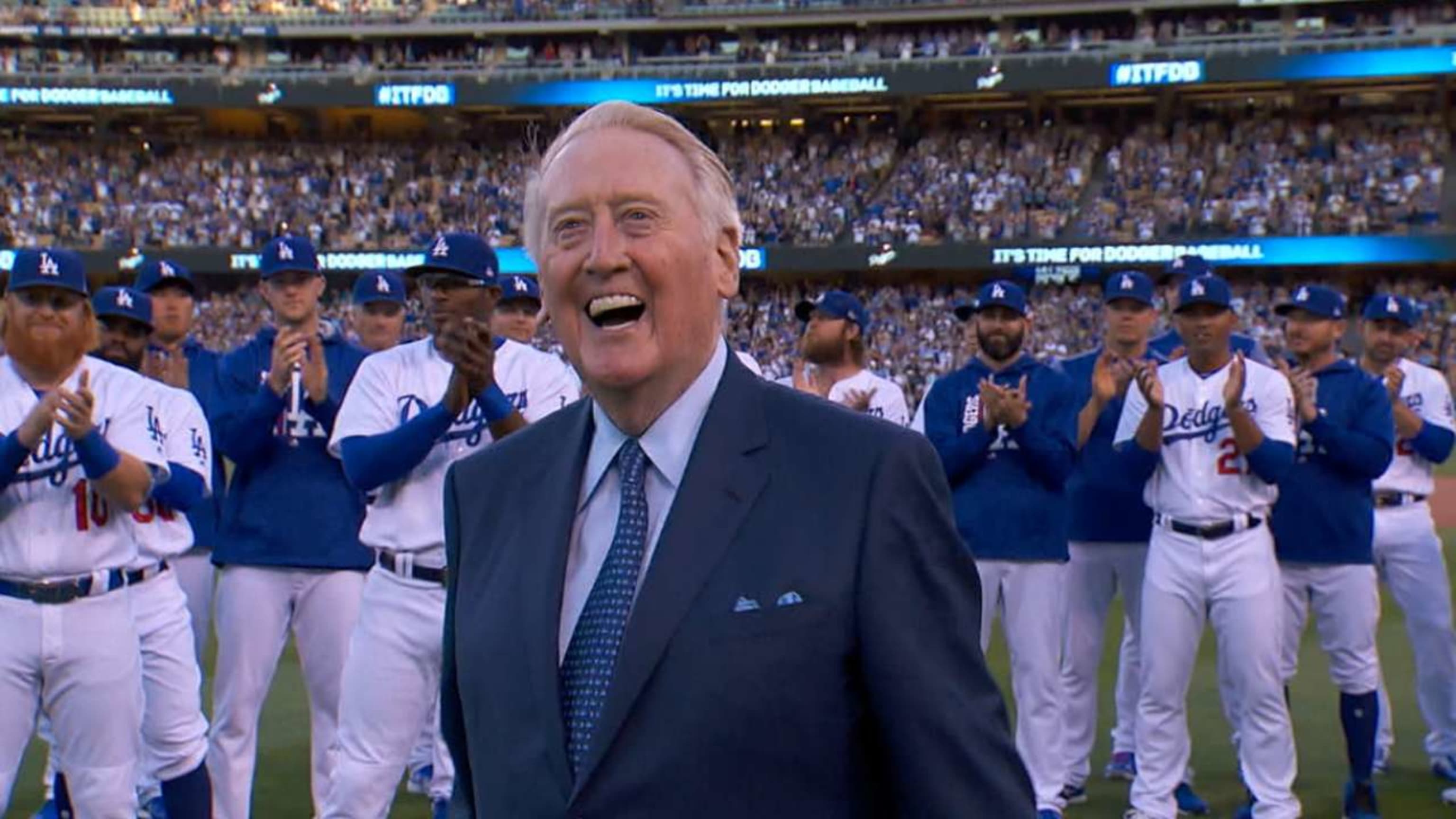 Just like old times, Vin Scully returned to Dodger Stadium and delivered  his classic phrases | MLB.com